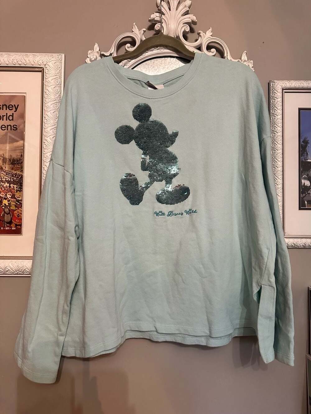 Disney Parks Arendelle Aqua Mickey Mouse Reversible Sequin Sweatshirt XL
